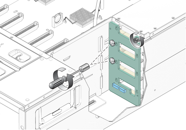 image:An illustration that shows how to loosen the two captive screws that secure the power distribution board.
