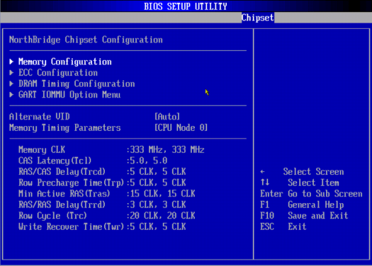 image:A screen capture showing the Chipset/Northbridge Chipset Configuration BIOS screen.