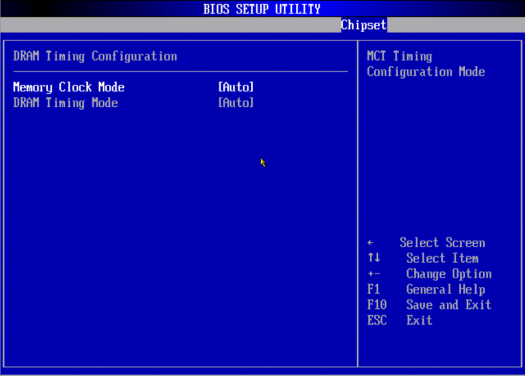 image:A screen capture showing the Chipset/Northbridge Chipset/DRAM Timing Configuration BIOS screen.