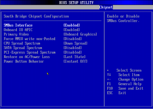 image:A screen capture showing the Chipset/Southbridge BIOS screen.