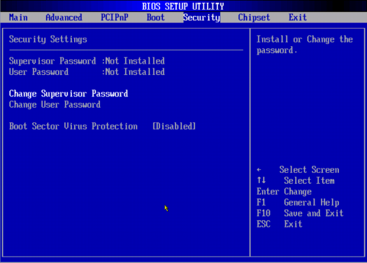 image:A screen capture showing the Security BIOS screen.