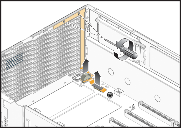 image:An illustration that shows how to remove the two screws that secure the front panel indicator board.