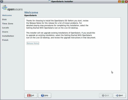 image:Screen display of OpenSolaris installer welcome screen