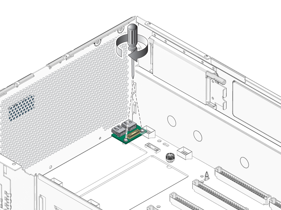 image:An illustration showing how to secure the front I/O board.