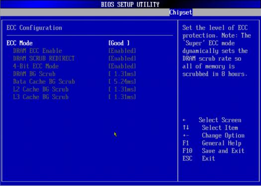 image:A screen capture showing the Chipset/Northbridge Chipset/ECC Configuration BIOS screen.