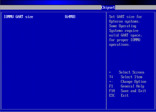 image:A screen capture showing the Chipset/Northbridge Chipset/IOMMU GART BIOS screen.