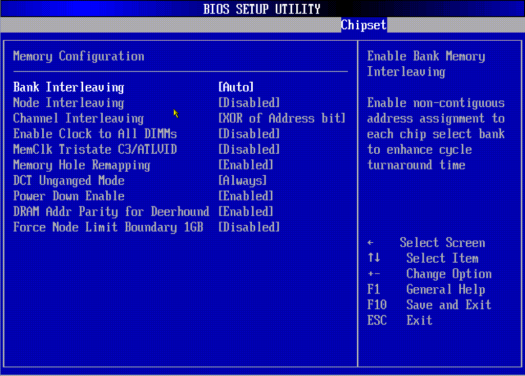 image:A screen capture showing the Chipset/Northbridge Chipset/Memory Configuration BIOS screen.