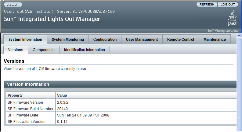 image:Graphic showing ILOM GUI Version Information screen.