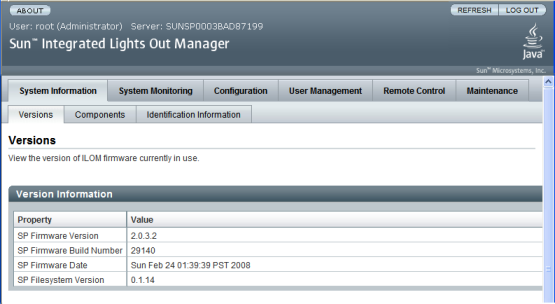 image:ILOM web interface version information screen