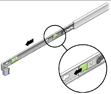 Image shows the plastic slide rail lock located in the middle of the mounting bracket. 