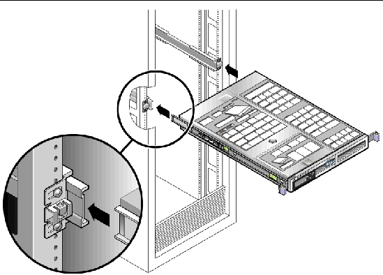 Image shows the mounting rails on the server fitting into the slide rails in the rack