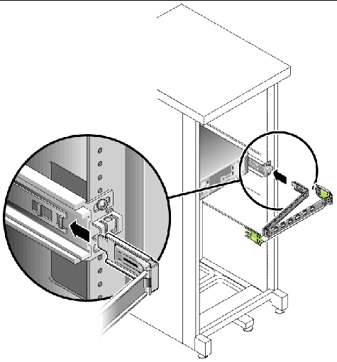 Image shows the inner CMA connector being inserted into the end of the right mounting bracket