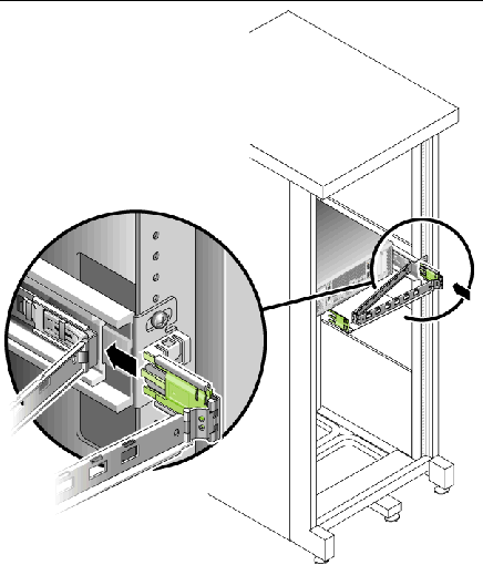 Images shows the outer CMA connector being inserted into the end of the right slide rail