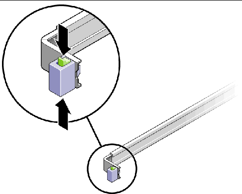 Image shows the location of the slide rail lock at the front of the mounting bracket. 