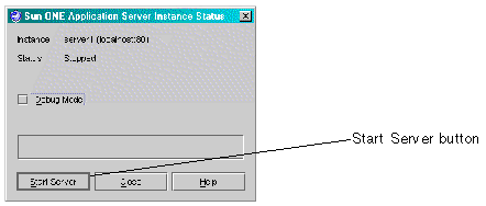 Sun ONE Application Server Instance Status window. Buttons are Start Server, Close, and Help.