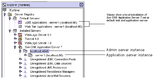 The Default Servers node in the Runtime page of the Explorer shows the application server node is localhost:4848.