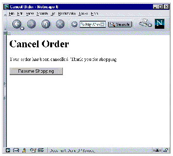 Cancel Order page in a web browser showing a message saying the order has been canceled; thank you for shopping, and a Resume Shopping button.