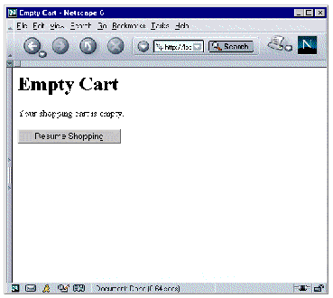 Empty Cart page in a web browser showing a message saying the shopping cart is empty and a Resume Shopping button.