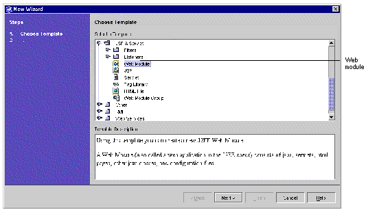 New wizard's Choose Template pane showing a selected web module under the JSP & Servlet node. Activated buttons are Back, Next, Cancel, and Help.