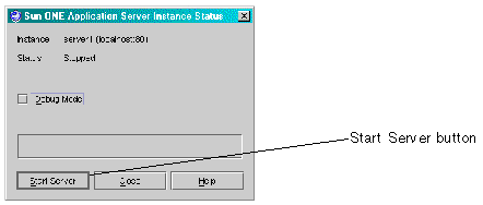 Sun ONE Application Server Instance Status window. Buttons are Start Server, Close, and Help.