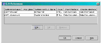 EJB References property editor showing the reference values for Restaurant and Customerreview entity beans.