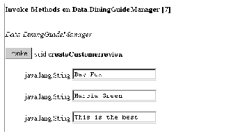 Invoke Methods section showing createCustomerreview method with "Bay Fox," "Marcia Green," and "This is the best!" entered as parameters.