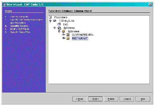 Table from Database Schema Object page shows RESTAURANT table selected. Buttons are the five wizard buttons.