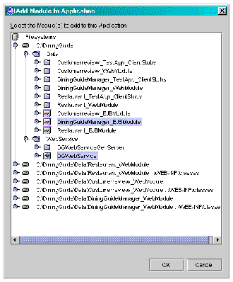 Add Module to Application dialog box showing Data and WebService packages expanded, DiningGuideManager_EJBModule and DGWebService selected.