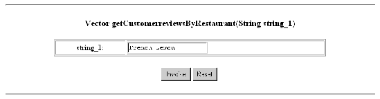 getCustomerreviewsByRestaurant method section showing French Lemon entered as parameter. Buttons are Invoke and Reset.