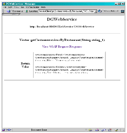 getCustomerreviewsByRestaurant response page showing SOAP message as three returned reviews displayed in a table.