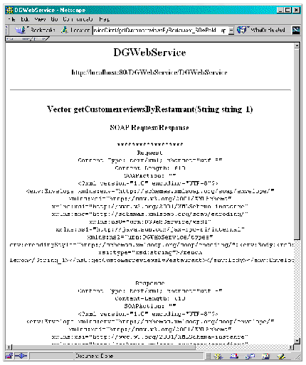 getCustomerreviewsByRestaurant response page showing SOAP message as two returned reviews wrapped in XML code.