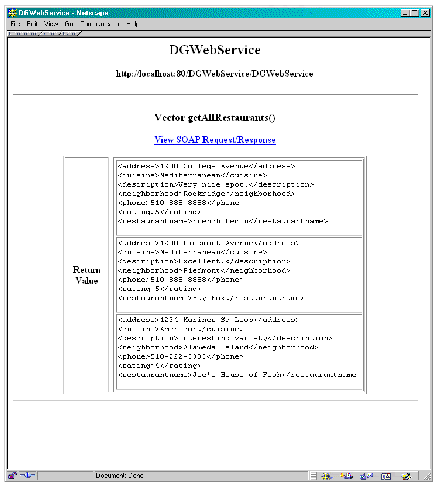 getAllRestaurants response page shows three restaurant records displayed wrapped in XML code.