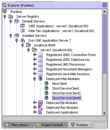 Screenshot of Explorer's Runtime tabbed pane, showing the application server with deployed web modules.