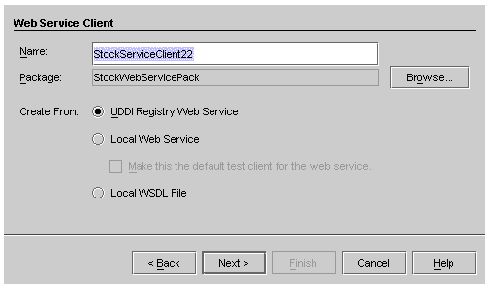 Screenshot of new web service client wizard. Buttons are Browse, Back, Next, Finish, Cancel, and Help.