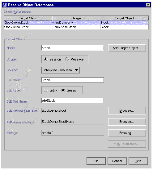 Screenshot of Resolve Object References dialog box. Buttons are Add Target Object, Browse, OK, Cancel, and Help.
