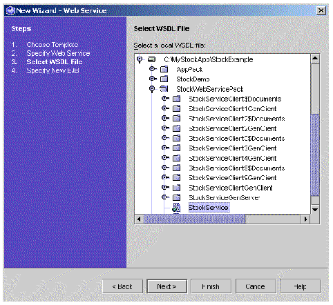Screenshot showing new web service wizard, Select WSDL File. Buttons are Back, Next, Finish, Cancel, and Help.
