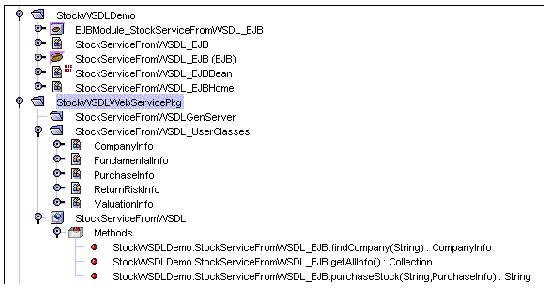 Screenshot showing Explorer display of web service and EJB node generated from WSDL.