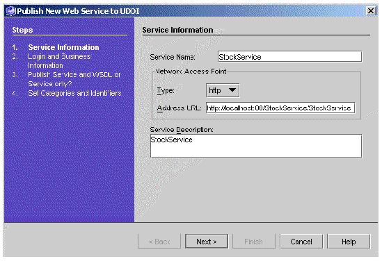 Screenshot of Publish New Web Service to UDDI dialog box. Buttons are Back, Next, Finish, and Cancel.