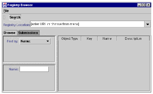 Screenshot of sample registry browser, showing Browse and Submissions tabbed panes, a detail pane, and Search button.