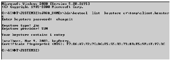 Screenshot of command window, showing keytool command to list the entries in a client trust store.