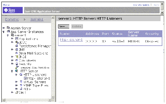 Screenshot of the application server administrative tool in a web browser, showing the page for displaying listeners and adding or deleting listeners.