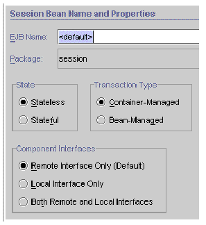 Screenshot showing the EJB Builder Wizard's first pane and selections for a session bean.