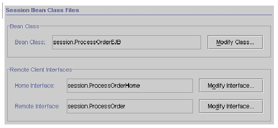 Screenshot showing the EJB Builder Wizard's second pane, listing the classes about to be generated for a session bean. 
