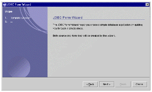 Screen shot showing first panel of JDBC Form Wizard. Buttons are Next and Cancel.