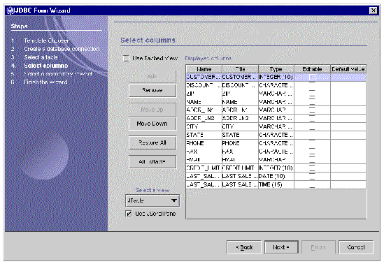 Screen shot showing fourth panel of JDBC Form Wizard. Heading in panel reads, "Select columns." Buttons are Back, Next, and Cancel.