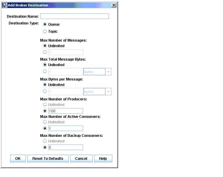 Add Broker Destination Dialog. Buttons from left to right: OK, Reset To Defaults, Cancel, Help.