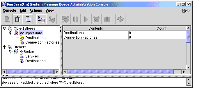 Message Queue Administration Console window. Object store node selected in tree view pane.