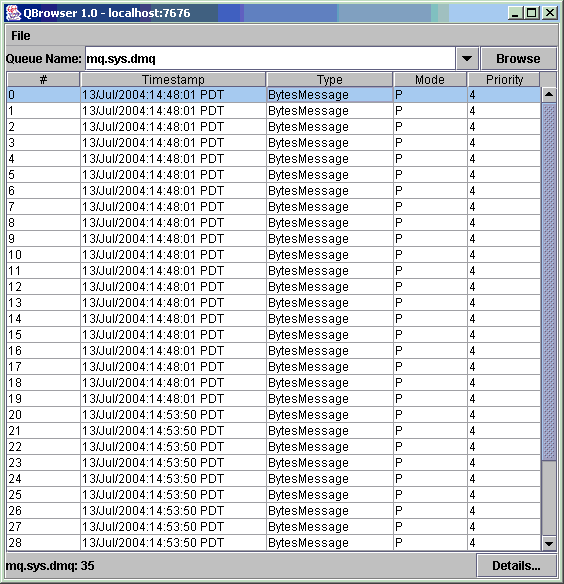 QBrowser showing messages for mq.sys.dmq. For each message, there is a number, timestamp, type, mode, and priority. 