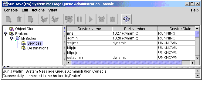 Message Queue Administration Console window. Broker services node selected. Contents of node displayed in the contents pane.