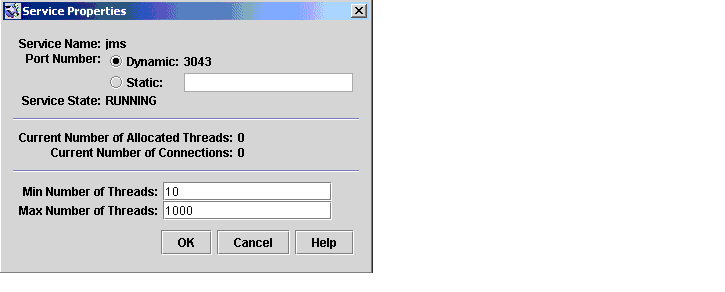 Service Properties dialog. Buttons from left to right: OK, Cancel, Help.